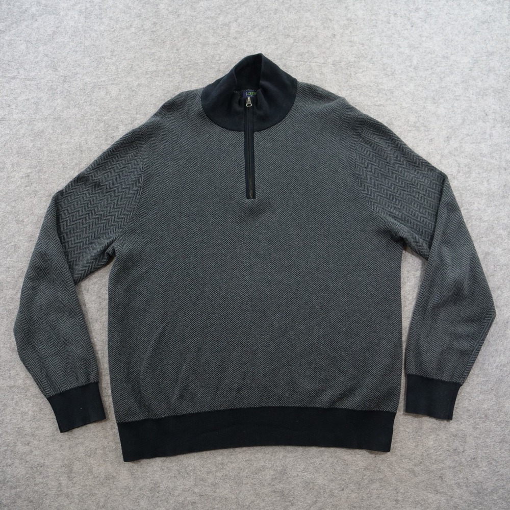JCrew Sweater Mens Large Black Gray 1/4 Zip Herringbone Cotton Pullover Casual